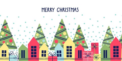 Christmas seamless border with houses, gifts and Christmas trees. Vector illustration.