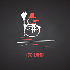 Hand-drawn festive Christmas and New Year card with holiday icon symbol snowman and calligraphy greeting inscription. Black chalkboard background Vintage style, ink brush sketch.