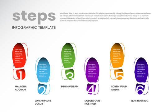 Business infographic layout with human steps illustrations, colored template with 6 options