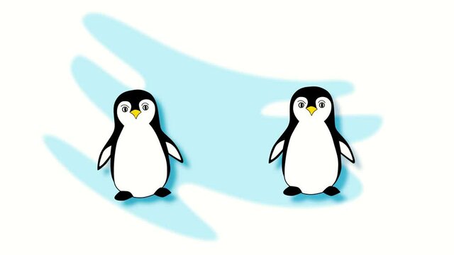Funny cute penguins animation on blue background. Copy space. Hand drawn.