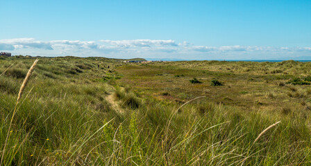 View of sand dunes and beach at Ainsdale, Merseyside. August 2020