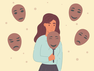 Woman covering her face with masks expressing various emotions. Concept of changing natural personality to conform to social requirements and pressure. Flat vector illustration.