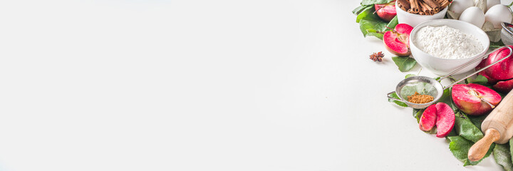 Apple pie autumn baking background. Seasonal fall winter autumn cooking background, baking apple pie concept, on white table top view