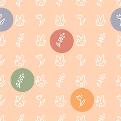 Seamless background with cute drawn rabbits or hares and Botanical patterns . For children's fabrics, textiles, wrapping paper. Vector illustration