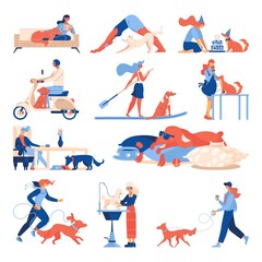 Dogs and owners in various situations. Vector concept collection about rest and sport with puppies, grooming, travelling with pet isolated on white