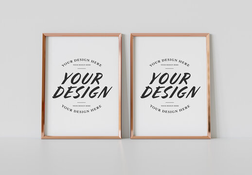 Golden Frames Leaning on White Floor Mockup