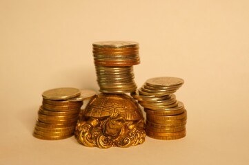 Metal turtle with coins on a uniform background. Symbol of financial stability.