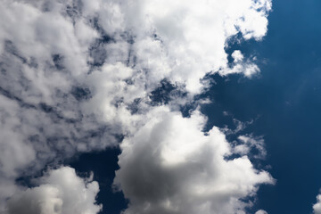 White cotton wool clouds on a sunny day. A continuous stream of clouds across the summer sky.