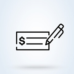 Money check or invoice icon or logo line art style. Outline money or bank check concept. Pay Cheque vector illustration.