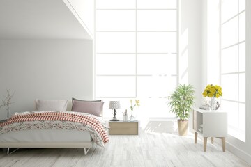 White bedroom interior. Scandinavian design. 3D illustration