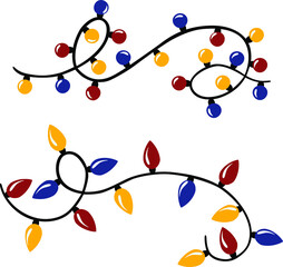 Set of Christmas garlands vector illustration. Multi-colored light bulbs of different shapes. The drawing is suitable for decorating postcards, prints, creating patterns.