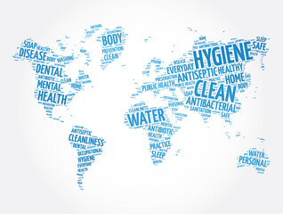 Fototapeta na wymiar Hygiene word cloud in shape of world map, health concept background