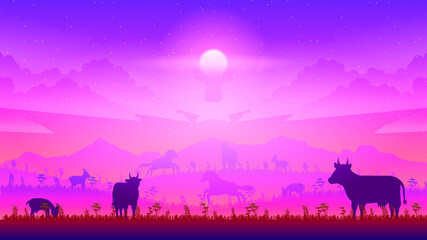Abstract Orange Purple Gradient Sky Background Silhouette Livestock On The Field Landscape 
Sun Mountains Nature Vector Design Style