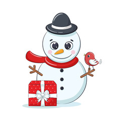 Cute cheerful snowmen with gift box and bird.