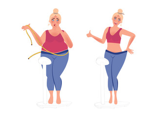 Fat and slender girl on the scales. Treatment of obesity, body results before and after weight loss. Weight loss when overweight. Vector illustrations of weight loss
