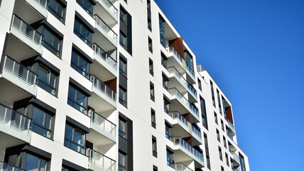 Architectural details of modern apartment building. Modern european residential apartment building complex.