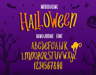 Halloween font. Typography alphabet with colorful spooky and horror illustrations.