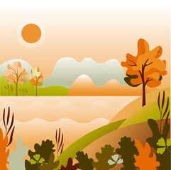 Autumn Landscape vector illustration. Background witch mountains , trees, fields and sun .