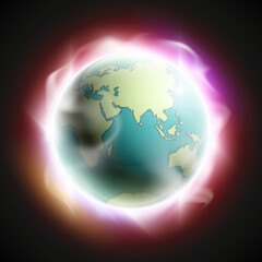 World map rising sun. Solar eclipse globe icon, space sunlight. Planet Earth sunny glow background view from space. Continents world Sunshine picture. Colorful solar eclipse astro poster presentation