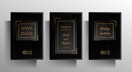 Wedding invitation template set. Strict design with black striped texture. Vector 10 eps.