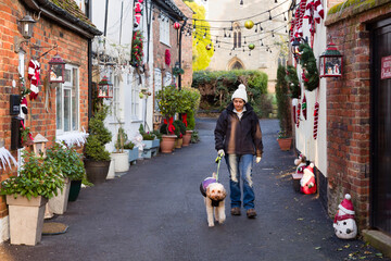 Christmas scene UK woman walking dog