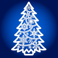 Template for laser cutting. Christmas tree with garlands and snowflakes. Vector