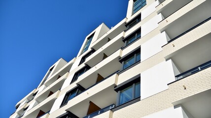 Architectural details of modern apartment building. Modern european residential apartment building complex.