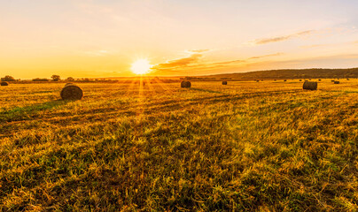 Scenic view at picturesque burning sunset in a green shiny field with hay stacks, bright cloudy sky , golden sun rays and road leading far away, summer valley landscape