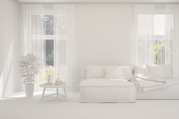 White minimalist living room with sofa. Scandinavian interior design. 3D illustration