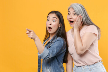 Shocked family asian women girls gray-haired mother and brunette daughter in casual clothes posing...