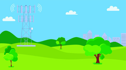 Cellular transmission tower. Wireless radio signal connection with buildings. Mobile communications tower with satellite communication antennas. Landscape wireless tower. 