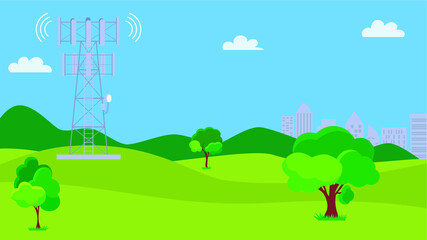 Obraz premium Cellular transmission tower. Wireless radio signal connection with buildings. Mobile communications tower with satellite communication antennas. Landscape wireless tower. 