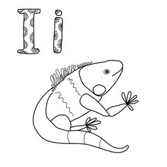 Coloring page for study letter I, outline illustration  of iguana and volumetric letters with patterns