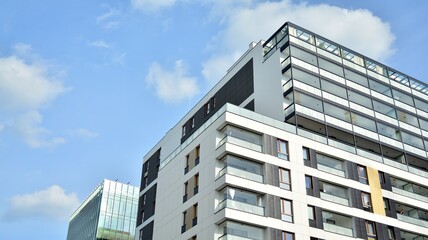 Fototapeta premium Architectural details of modern apartment building. Modern european residential apartment building complex.