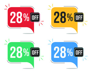 28% off. Red, yellow, green and blue tags with twenty-eight percent discount. Banner with four colorful balloons with special offers vector.