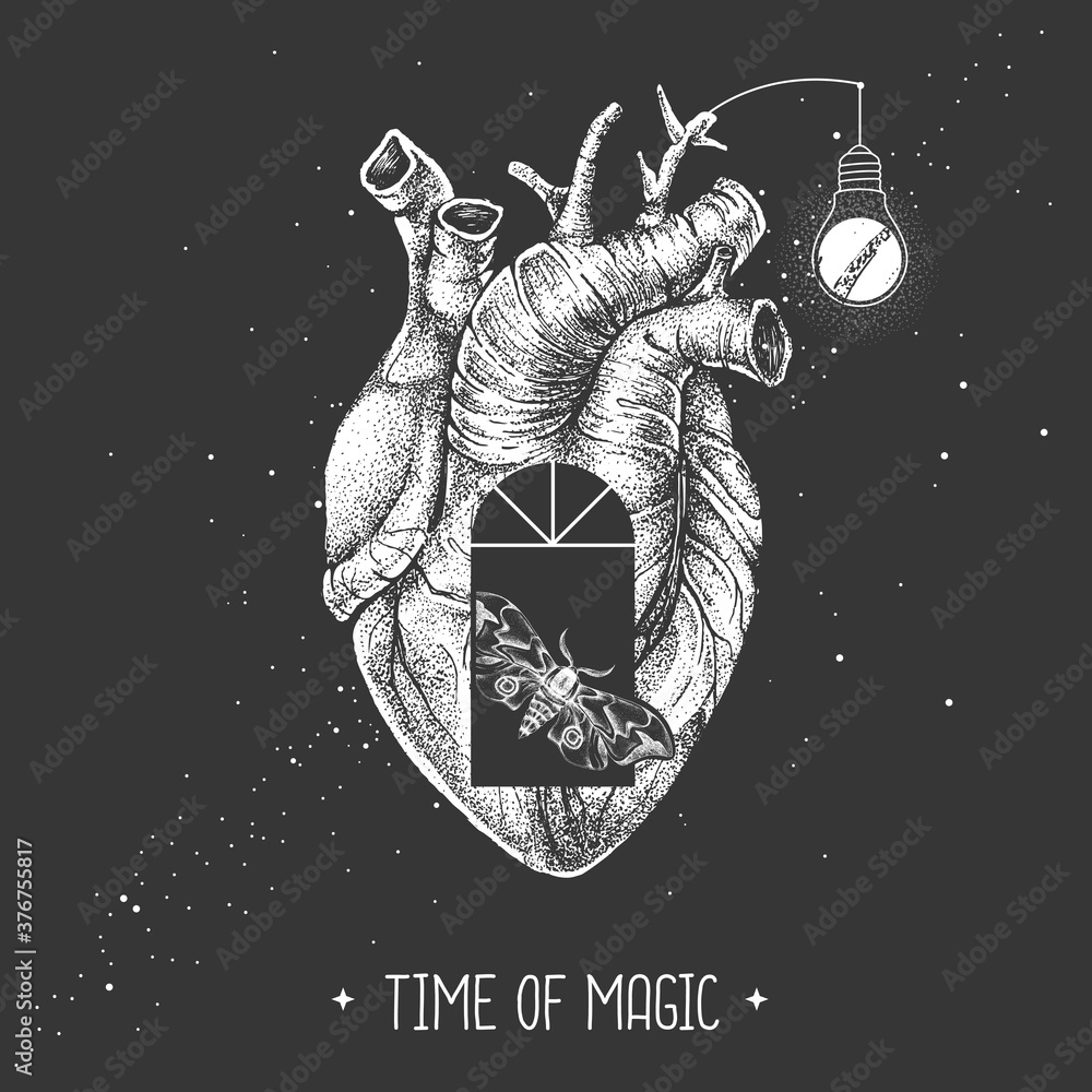Wall mural modern magic witchcraft card with realistic human heart and window silhouette inside on outer space 