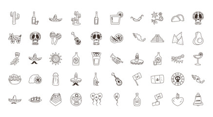 mexican free form line style 50 icon set vector design