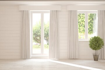 Fototapeta premium White empty room with summer landscape in window. Scandinavian interior design. 3D illustration