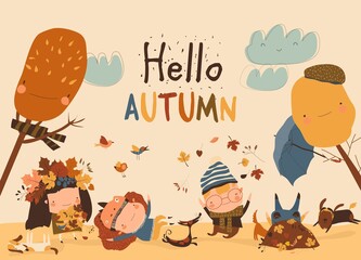Happy kids playing with autumn leaves. Hello autumn