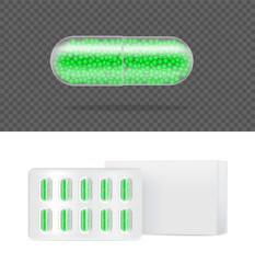 Mock up Realistic Transparent Pill Medicine Capsule Panel with box on White Background Vector Illustration. Tablets Medical and Health Concept.
