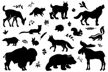 Forest animals detailed vector silhouettes. Woodland clipart.