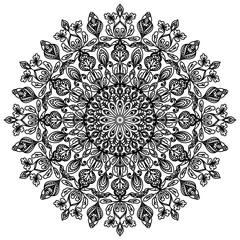 Mandala in black on a white background. Oriental pattern. Ethnic motive. Coloring book. Template for a tattoo, henna ornanent. Psychedelic vector.