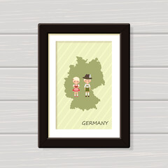 Germany poster with people in national costume.Wall art. Framed map for wall decor