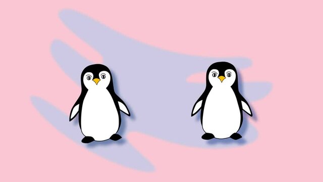 Funny cute penguins animation on blue pink background. Copy space