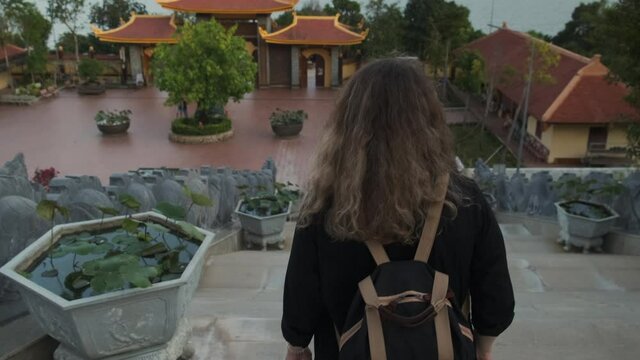 Sightseeing of Vietnam. Tourist visiting Ho Quoc Pagoda
