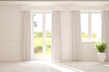 White empty room with summer landscape in window. Scandinavian interior design. 3D illustration
