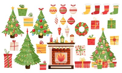 Big set for christmas room interior with brick fireplace, socks, christmas presents and gifts, traditional wreath, trees, baubles and toys. Vector illustration in flat style