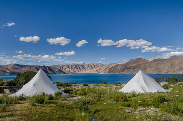 Tents at Pangong Lake, Pangong Tso, China India border in the Himalayas