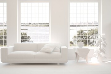 White living room with sofa and summer landscape in window. Scandinavian interior design. 3D illustration
