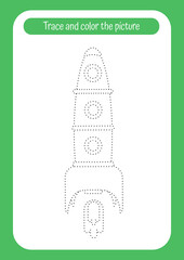 Rocket. Trace and color the picture. Educational game for children. Handwriting practice. Space theme activity for toddlers, kids.